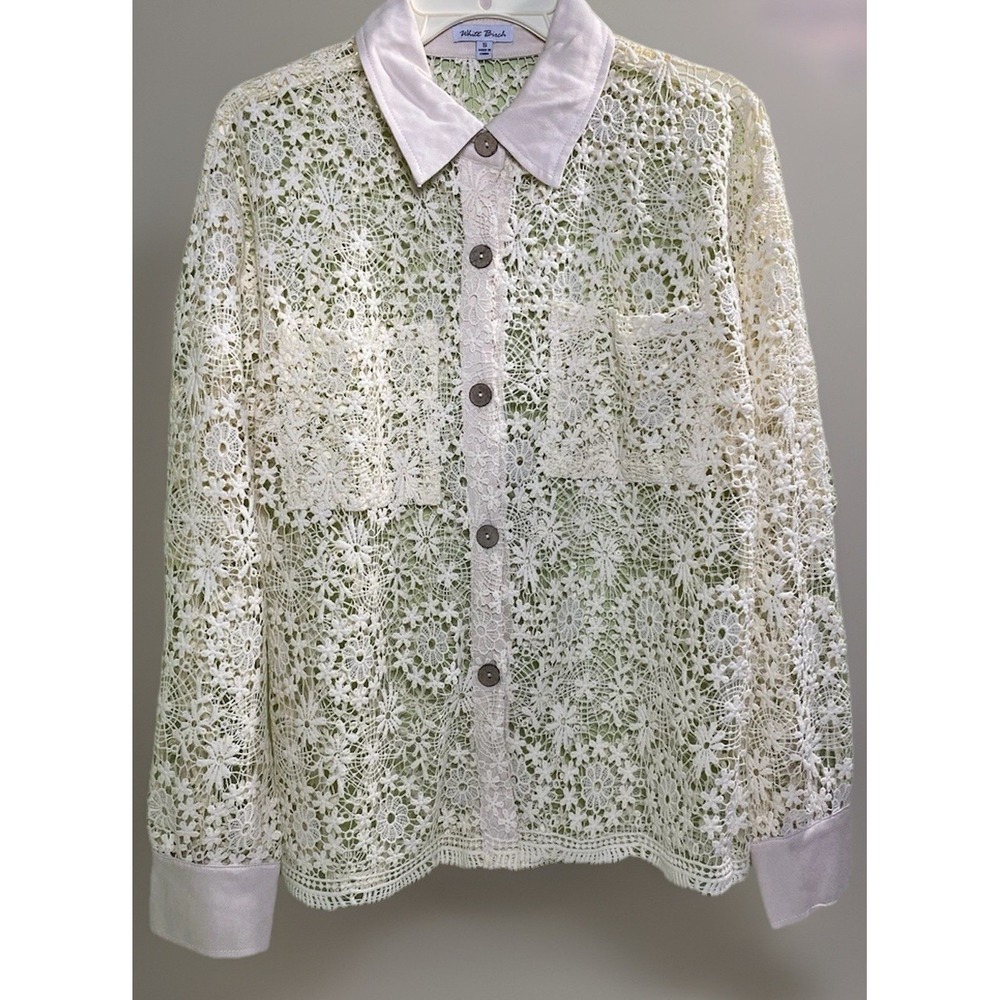 White Birch Cream‎ Floral Lace Button Down Shirt Long Sleeve Sheer Top Small